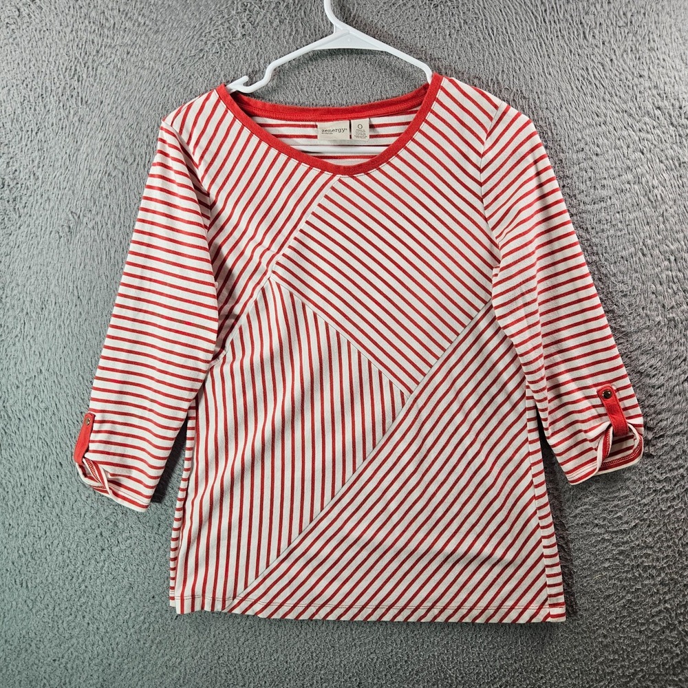 Zenergy Chico's Tee Top Women Size 0 White Orange‎ Striped Preppy